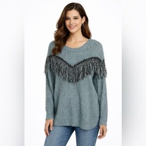 Kori America Addison Fringe Sweater Medium Gray Western Boho Knit Pullover NWT